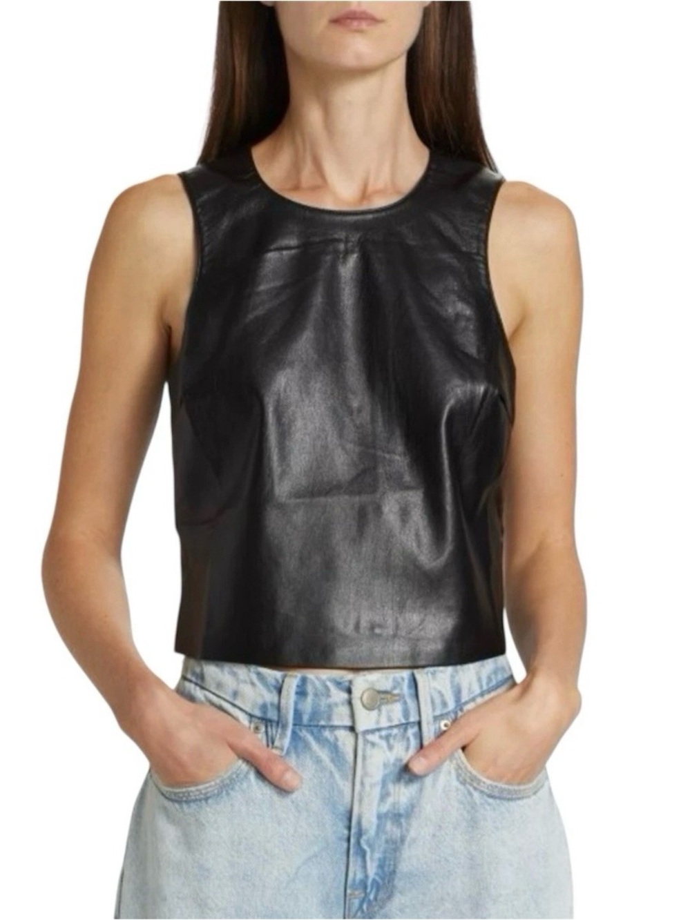 NWOT Good American Black Faux Leather Crop Vest Back Zip Size 4 Biker Goth Shell
